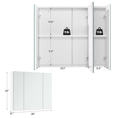 Yaheetech 28" White Bathroom Medicine Cabinet with 3 Frameless Mirror Doors | Bathroom Mirror with Storage, 28" x 24" x 6" MDF Wall Cabinet, Adjustable Shelf, Soft-Close Glass Doors, Frees Up Counters - style: 3 Doors
