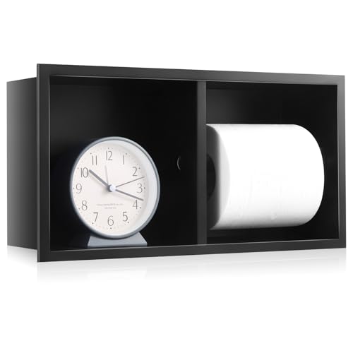 Recessed Dual Roll Toilet Paper Holder 304 Stainless Steel Hidden in-wall with Storage Durable Tissue Roll Holder Heavy Duty Space Saving Design for Modern Bathrooms and Remodel(Black) - color: Black