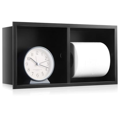 Recessed Dual Roll Toilet Paper Holder 304 Stainless Steel Hidden in-wall with Storage Durable Tissue Roll Holder Heavy Duty Space Saving Design for Modern Bathrooms and Remodel(Black) - color: Black