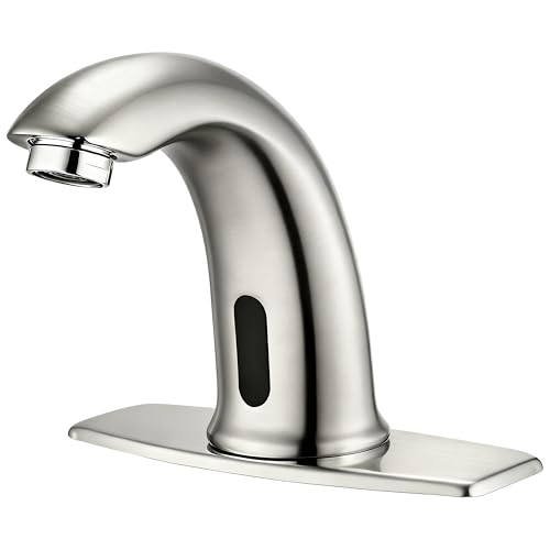 Touchless Bathroom Sink Faucet Automatic Motion Sensor Hands Free Fauce | Brushed nickel, with hole cover plate temperature mixer, commercial solid brass faucet, AC/DC powered, 1 hole or 3 hole - color: Brushed Nickel