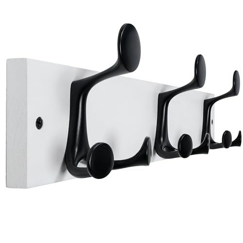 WEBI Coat Rack Wall Mount,17" Solid Wood Coat Hooks Wall Mounted Coat Hanger,16" Hole to Hole,Heavy Duty Hook Rack Rail,3 Triple Hooks for Hanging Coats,Jacket,Clothes,Hat,Backpack,White - color: White, size: 17 Inch