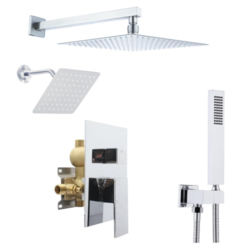 12" Shower Faucet Set Rain Shower System with 6" Wall Mounted Head Full Body Luxury Rain Shower System Rainfall Shower Head with Handheld Combo,3 Way Pressure Balance Valve Kit,Chrome - color: Polished Chrome, style: HG-12inch+6inch