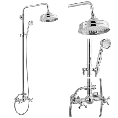 gotonovo Exposed Shower System Wall Mount,Polish Chrome,Metal Handheld | 8” Rain Shower Head Faucet Set Fixtures,2 Function,Two Cross Handle,Height Adjustable,for 5-6.7" Hole,Indoor Victorian Retro - color: Chrome