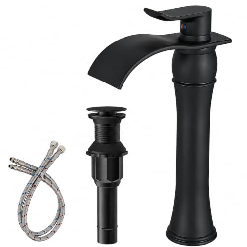BWE Matte Black Bathroom Vessel Sink Faucet 1 Hole, Modern & Farmhouse | Single Handle, Wide Waterfall Spout, Ceramic Cartridge, Solid Brass Body, Pop-Up Drain & Water Line Included, Easy Install - color: Black