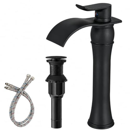 BWE Matte Black Bathroom Vessel Sink Faucet 1 Hole, Modern & Farmhouse | Single Handle, Wide Waterfall Spout, Ceramic Cartridge, Solid Brass Body, Pop-Up Drain & Water Line Included, Easy Install - color: Black
