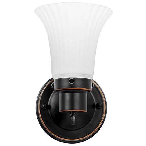 Design House Village Traditional 1-Light Indoor Dimmable Wall Sconce, Frosted Flute Glass, Twist On/Off Switch, Bathroom Bedroom Hallway, Oil-Rubbed Bronze, 8.25 in H x 5.1 in W, Uses 60W Bulb, 505115 | Dimmable, Wall Mount, Traditional, Steel, Lighting,