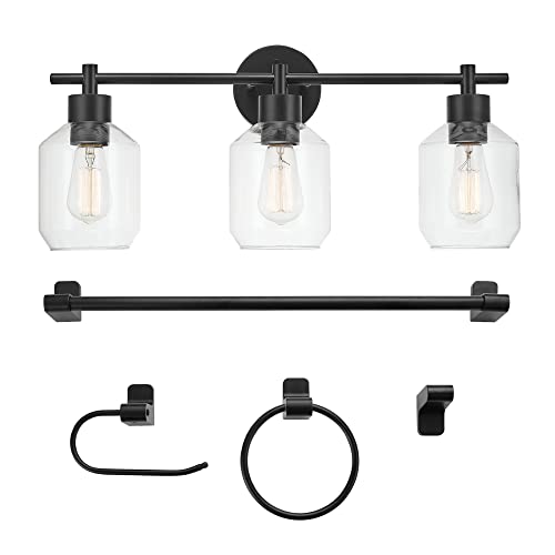 Globe Electric 65556 All-in-One 5-Piece Bathroom Set, Matte Black Finish, 3-Light Vanity with Clear Glass Shades, Towel Ring, Toilet Paper Holder, Robe Hook, and Towel Bar, Modern Bathroom Lighting - color: Matte Black, Clear Glass, 3-Light