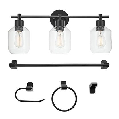 Globe Electric 65556 All-in-One 5-Piece Bathroom Set, Matte Black Finish, 3-Light Vanity with Clear Glass Shades, Towel Ring, Toilet Paper Holder, Robe Hook, and Towel Bar, Modern Bathroom Lighting - color: Matte Black, Clear Glass, 3-Light