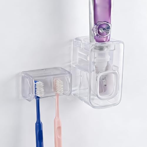 Toothbrush Holder Wall Mounted with Cover for Bathroom, 2 Slots Toothbrush Storage Organizer for Shower, Self Adhesive Toothbrush Hanger with Automatic Toothpaste Squeezer Dispenser (Clear) - color: Clear, size: Combination A: 1PACK