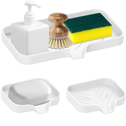 Kitchen Sink Tray,3 Pcs Silicone Sponge Holder for Kitchen Sink Organizer, Kitchen Soap Tray Self Draining Soap Dish for Bathroom - color: White-3 Pcs
