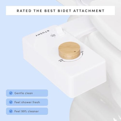 TUSHY Classic 3.0 Bidet Toilet Seat Attachment, Bamboo Knob | Non-Electric, Self Cleaning Water Sprayer, Adjustable Pressure Nozzle, Angle Control, Easy Home Installation - color: White/Bamboo, style: Cool Water