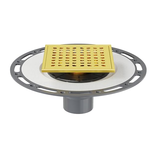 Neodrain 6" Golden Square Shower Drain with PVC Bonding Flange Base | 304 Stainless Steel Floor Drain with waterproof Fabric, Drain Grate Removable, Drain Key for Low Profile Shower Pan - color: Golden, size: 6 inch with PVC base