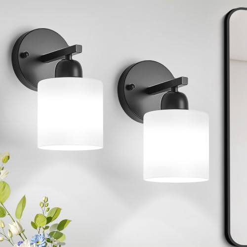 2PCS Light Black Bathroom Light Fixture, Modern Bathroom Lights with Milky White Frosted Glass Shades for Mirror Living Room Bedroom Hallway E26 Base - color: Black & Milky White Glass, size: 1-light(2pack)