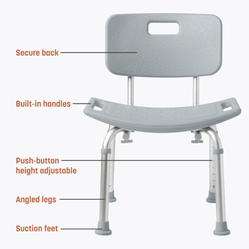 Caring Bath Chair for Seniors, Shower Seat with Back, Suction Feet, Non-Slip Adjustable Height Shower Bench for Elderly, Disabled, 400 lb Weight Capacity, Gray Bathroom Stool for Tub or Shower - size: Fixed Backrest