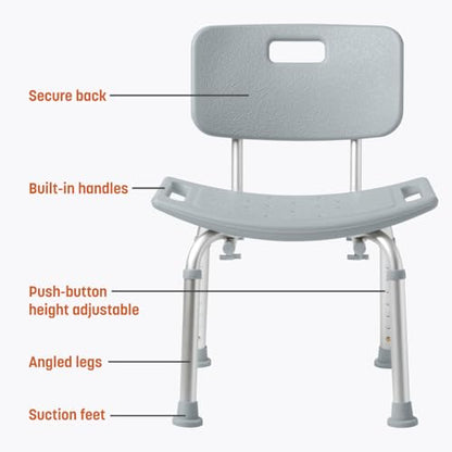 Caring Bath Chair for Seniors, Shower Seat with Back, Suction Feet, Non-Slip Adjustable Height Shower Bench for Elderly, Disabled, 400 lb Weight Capacity, Gray Bathroom Stool for Tub or Shower - size: Fixed Backrest
