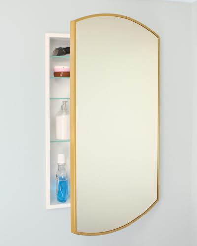 20x30 Harper Crescent Metal Framed Rectangle Recessed Bathroom Medicine Cabinet, Arced Mirror, 14x18 in-Wall Opening, Adjustable Glass Shelves, Magnet Close, Gold - color: Gold, size: 20x30