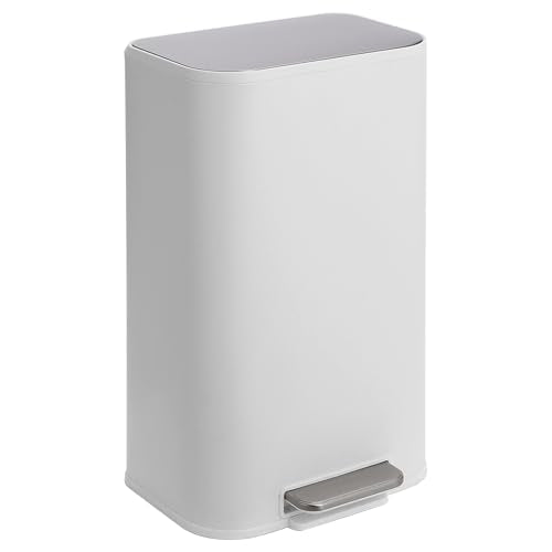 GarveeHome 8 Gal Kitchen Trash Can, Stainless Steel Garbage Can, White | Soft Close Lid, Hands-Free Foot Pedal, Removable Inner Bucket, Rectangular Step On Waste Bin for Home Office Living Room - color: White, size: 30 L