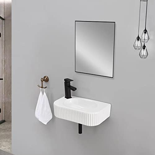 Bathroom Vessel Sink Rectangular Wall Mount Sink White Wall Mounted Bathroom Sink with Faucet and Drain White Porcelain Ceramic Washing Small - color: White 1