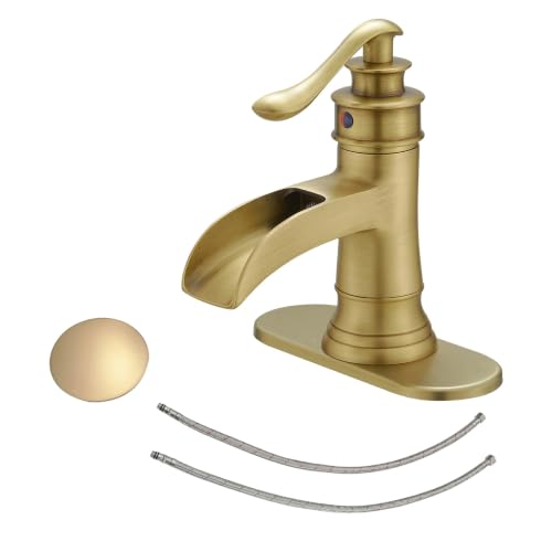 BWE Antique Brass Waterfall Bathroom Faucet, Single Hole Vanity Faucet with Pop Up Drain and Supply Hose for Rustic Home, Powder Room and Guest Bathroom, Solid Brass Construction - color: Antique Brass