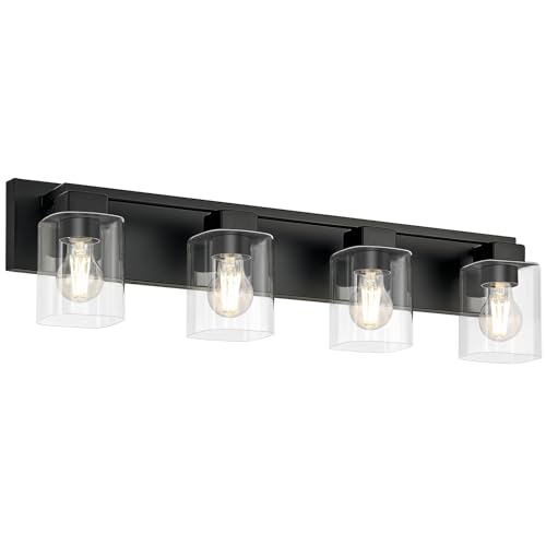 4-Light Matte Black Bathroom Light Fixtures, with Clear Glass Shade | 29.5 Inch Bathroom Lighting Fixtures Over Mirror, Modern Wall Light, bathroom vanity light E26 Socket, ETL - color: Black, size: 4-Light