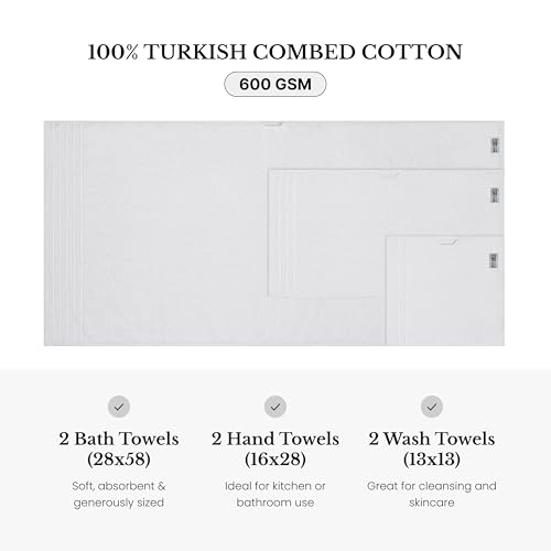 BW Luxe Home - 100% Soft Turkish Cotton 6 Piece White Towel Set (2 Bath, 2 Hand, 2 Wash). 600 GSM, Combed Natural Yarn for Fast Drying & Excellent Absorption. Hotel & Spa Luxury Quality. - color: White
