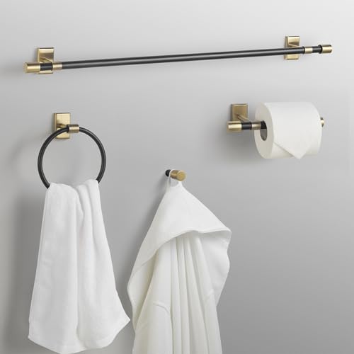 GLOBE Electric 63000062 5-Piece All-in-One Bathroom Set, Matte Black & Brass, 3-Light Vanity Light, Seeded Glass, Towel Bar, Toilet Paper Holder, Towel Ring, Robe Hook, Bathroom Lights Over Mirror - color: Matte Black, Bailey (5-Piece)