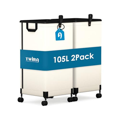 2Pcs Laundry Basket With Wheels 105L, Large Rolling Laundry Hamper With Removable Bag, Metal Frame Collapsible Dirty Clothes Bin, Cloth Organizer Hampers Pull Handle For Bathroom, Dorm, Bedroom White - color: White - 2 Pack