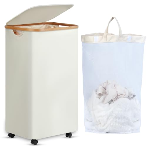 efluky Laundry Basket with Wheels, Tall Rolling Laundry Hamper with Lid and Removable Bag, Aesthetic Dirty Clothes Hamper on Wheels for Laundry Room, Bedroom, Dorm and Bathroom, 100L Black - color: Beige, size: 100L