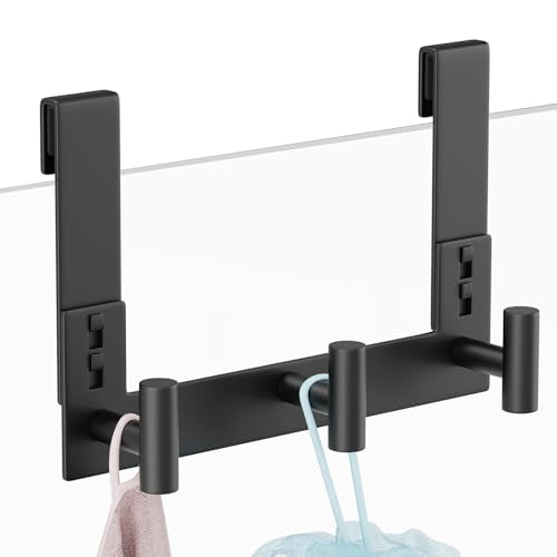 PMMASTO No-Drill Extra Long Shower Hooks, Fits 3/8" Thick Door, Heavy Duty Stainless Steel Towel Hooks for Frameless Glass Shower Door, Holds Bathrobe Towel (Black, 3 T-Hooks) - color: Black, size: 7.5 Inch-3 T-Hooks, Fits 3/8" Thick Door