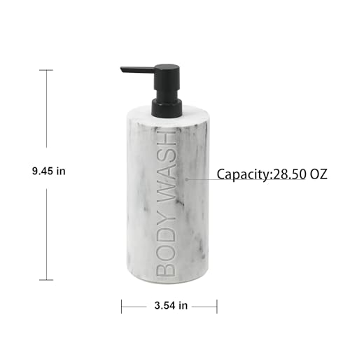 Resin White Marbled Body Wash Engraved Bottle Refillable Pump Dispenser, Durable Waterproof Construction for Bath, Shower - Resin White Marble - Matte Black Pump - color: Body Wash White Marbled