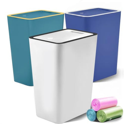 Lysam 4 Gallon Trash Can 3 Packs, Bedroom Trash Can with Lid & Trash Bags | Small Garbage Can Press-Top for Dog Proof, Oder Seal, Waste Basket for Office, Living Room, Bathroom White & Teal & Blue - color: Teal & White & Blue