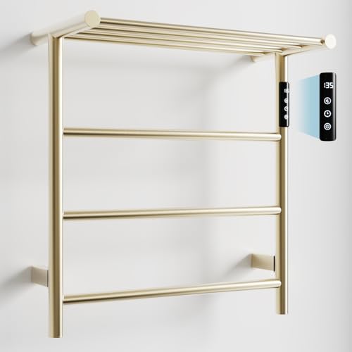 Towel Warmers for Bathroom, Stainless Steel Heated Towel Racks with Top Shelf, Wall Mounted Towel Heater with Intelligent Touch Screen Timer & Temperature Adjustment, Plug-in/Hard-Wired, Brushed Gold - color: Brushed Gold, size: 3-Bar with Top Shelf
