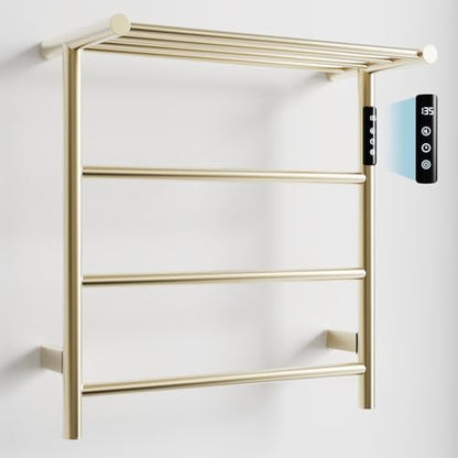 Towel Warmers for Bathroom, Stainless Steel Heated Towel Racks with Top Shelf, Wall Mounted Towel Heater with Intelligent Touch Screen Timer & Temperature Adjustment, Plug-in/Hard-Wired, Brushed Gold - color: Brushed Gold, size: 3-Bar with Top Shelf