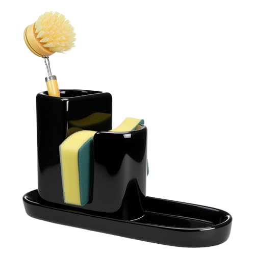 3 in 1 Ceramic Kitchen Sink Caddy Dish Sponge Holder Scrub Brush Holder and Soap Tray for Kitchen Organizer Rustic Farmhouse Supplies(Black) - color: Black