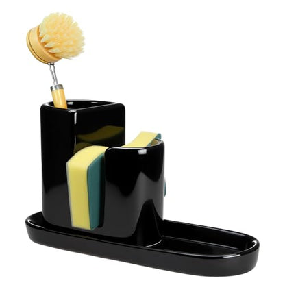3 in 1 Ceramic Kitchen Sink Caddy Dish Sponge Holder Scrub Brush Holder and Soap Tray for Kitchen Organizer Rustic Farmhouse Supplies(Black) - color: Black