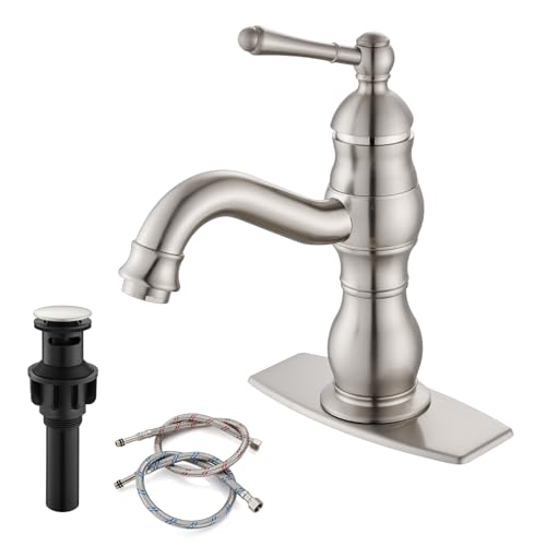 gotonovo Bathroom Faucet 1 Hole Vintage,Brushed Nickel,5.9” Spout Reach | Bathroom Sink Faucet for 1 or 3 Hole Single Handle,Deck Plate,360° Swivel Spout,Pop Up Drain,cUPC Supply Hoses,for Vanity RV - color: Nickel, size: 5.9" Spout Reach