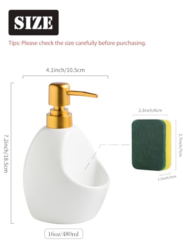 Ceramic Soap Dispenser with Sponge Holder – White Refillable Dish Soap Dispenser for Kitchen Sink, 2-in-1 Sink Organizer with Pump Bottle & Tray – Modern Farmhouse Countertop Accessory - color: White