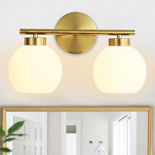2 Light Bathroom Vanity Light, Gold Bathroom Light Fixtures Over Mirror, Mid Century Modern Wall Sconce with Frosted Globe Glass Shades, Brass Vanity Light, E26 Socket - color: Gold & Milky White Glass, size: 2-Light