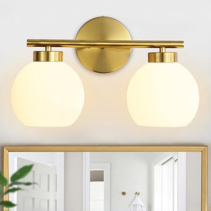 2 Light Bathroom Vanity Light, Gold Bathroom Light Fixtures Over Mirror, Mid Century Modern Wall Sconce with Frosted Globe Glass Shades, Brass Vanity Light, E26 Socket - color: Gold & Milky White Glass, size: 2-Light