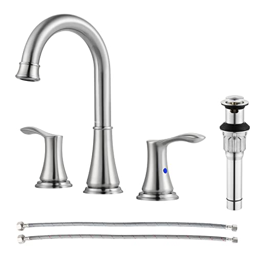 Brushed Nickel Widespread Bathroom Sink Faucet 8 Inch for Vanity | with All Metal Pop Up Drain, High Arc 2 Handle Lead-Free Deck Mount Bathroom Faucet for 3 Hole Lavatory Utility Sink - color: Brushed Nickel