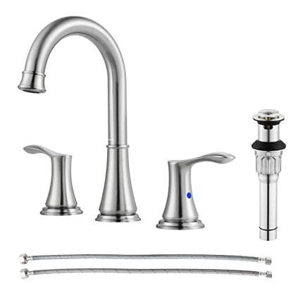 Brushed Nickel Widespread Bathroom Sink Faucet 8 Inch for Vanity | with All Metal Pop Up Drain, High Arc 2 Handle Lead-Free Deck Mount Bathroom Faucet for 3 Hole Lavatory Utility Sink - color: Brushed Nickel