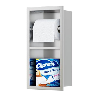 Qeke Recessed Toilet Paper Holder, Dual Rolls Tissue Toilet Holder, Brushed | 304 Stainless Steel, Rustproof & Durable, Space-saving, in Wall Tissue Holder for Bathroom & RV - color: Brushed Nickel