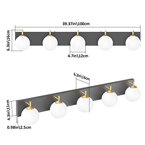 Aipsun Mid Century Modern Bathroom Vanity Light Over Mirror 5 Lights Milky White Globe Glass Black/Golden Bathroom Light Fixture(Exclude Bulb) - color: Black+Gold, size: 5 Lights