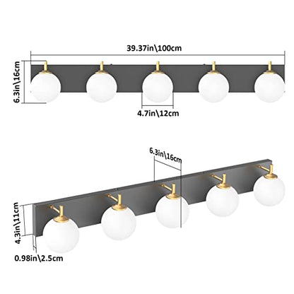 Aipsun Mid Century Modern Bathroom Vanity Light Over Mirror 5 Lights Milky White Globe Glass Black/Golden Bathroom Light Fixture(Exclude Bulb) - color: Black+Gold, size: 5 Lights