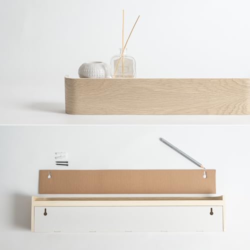 Kazai. Wall-Mounted Coat Rack 'Toke' - Modern Design Coat Rack with Hidden Wall Hooks - Solid Wood Veneer Panel Coat Hanger - Oak, White - color: Oak, White, size: 8 Hooks