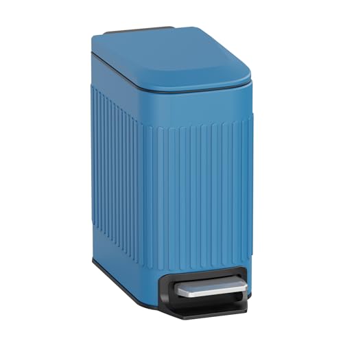 TrashAid Slim Bathroom Trash Can with Lid Soft Close & Pedal, 1.6Gal, Blue | Removable Inner Bucket, Stainless Steel Garbage Can, Small Wastebasket for Toilet/Office/Bedroom, Retro Design, Odor Control - color: Blue
