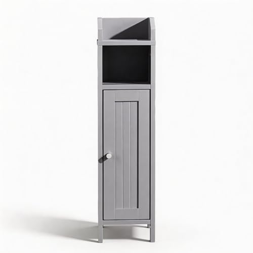 Karl home Grey Corner Storage Cabinet, Slim Freestanding Bathroom Organizer | Slim Single Door Freestanding Cabinet with Adjustable Shelves, Space Saving Toilet Storage for Small Bathroom Spaces