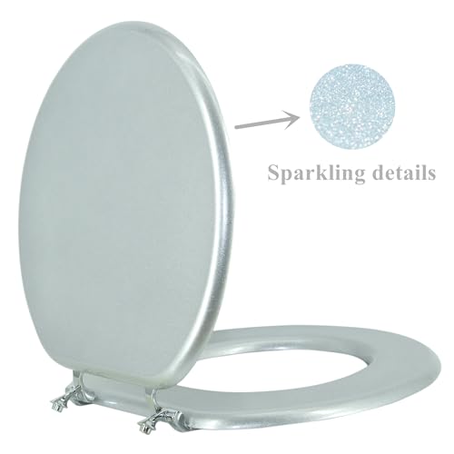 Round Toilet Seat Wood Toilet Seat Prevent Shifting with Zinc Alloy Hinges American Standard Size Toilet Seat Easy to Install also Easy to Clean(Round,Sparkling ClassicalSilver) - color: Classical Silver, size: Round