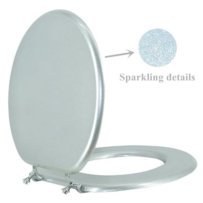 Round Toilet Seat Wood Toilet Seat Prevent Shifting with Zinc Alloy Hinges American Standard Size Toilet Seat Easy to Install also Easy to Clean(Round,Sparkling ClassicalSilver) - color: Classical Silver, size: Round