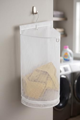 ALYER Hanging Semi Round Storage Mesh Bag,Collapsible Laundry Hamper Basket with Durable Hanger (White) - color: White